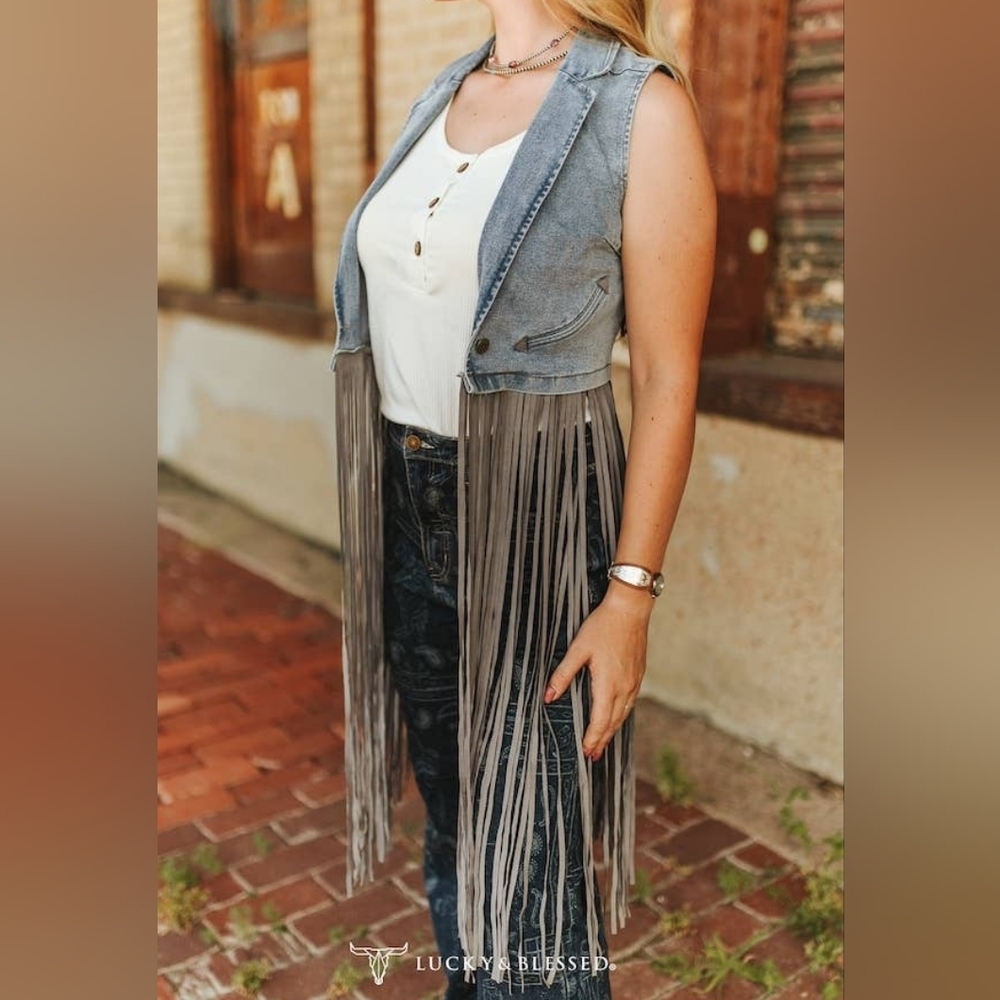 NEW LUCKY AND BLESSED Grey Stone Wash Western Fringe Denim Vest